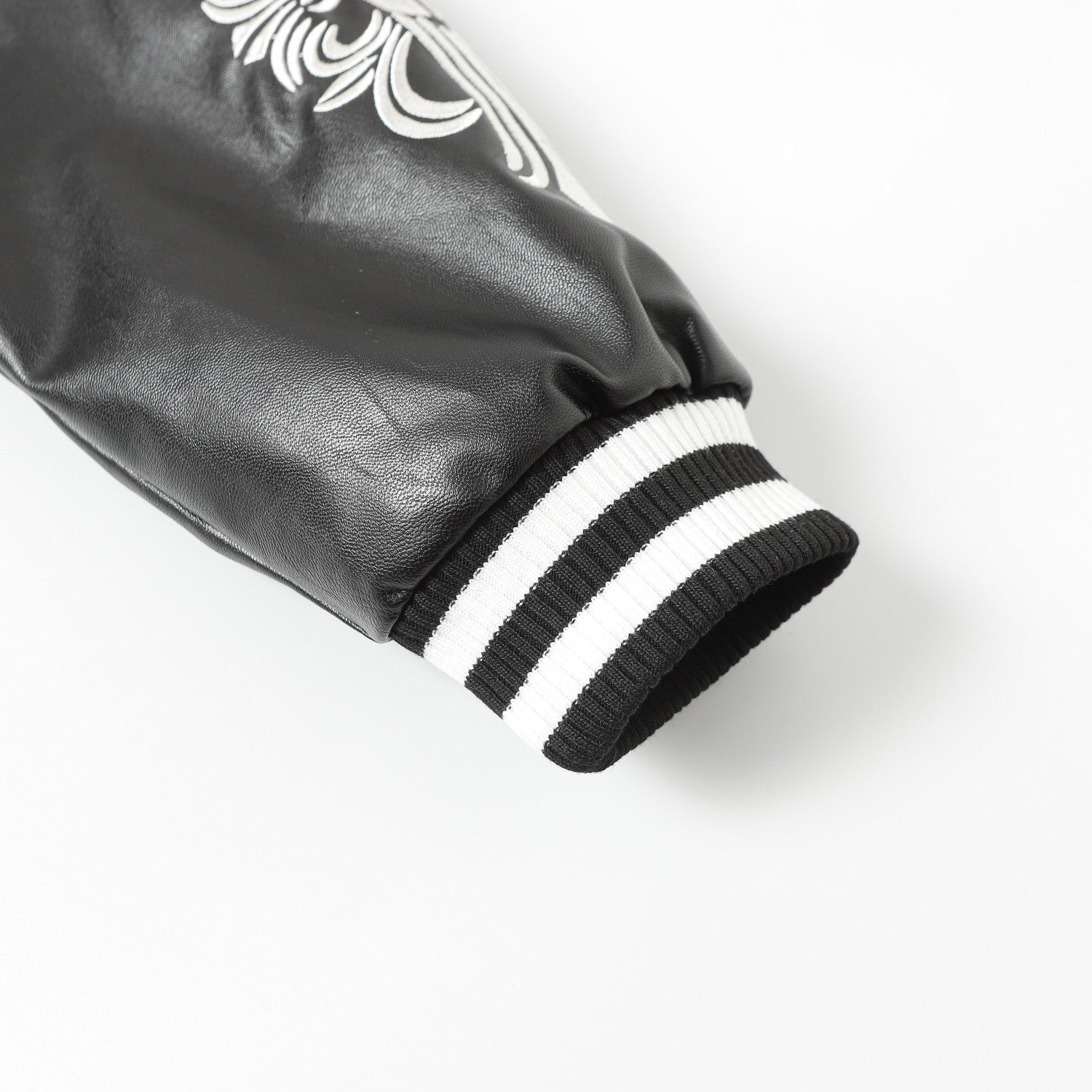 Cross Embroidered Leather Sleeve Varsity Jacket - Black Street Style 116